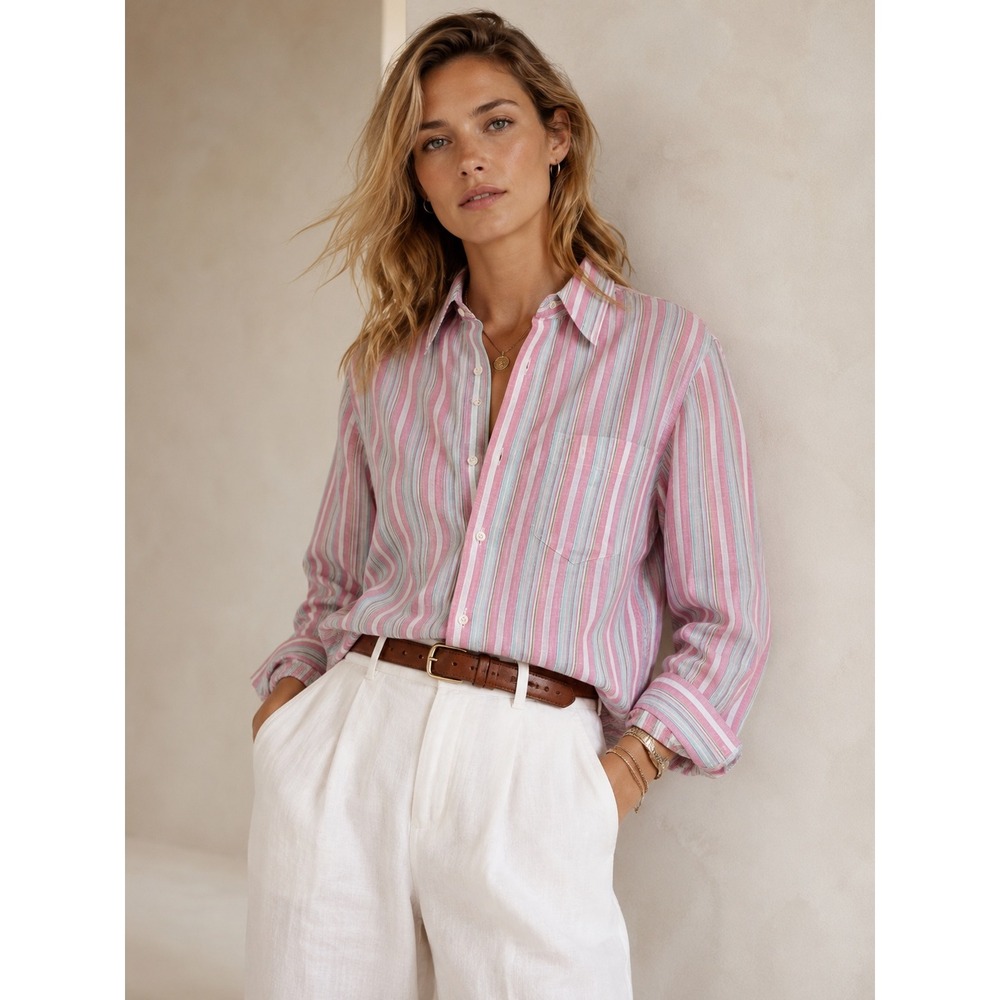 Deadstock NWT Vintage Ralph Lauren 100% Linen Striped Button Shirt L Pink Preppy